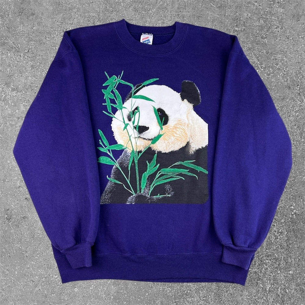 Vintage Panda Graphic Sweatshirt Women Large Purple 90s Nature Core USA Baggy